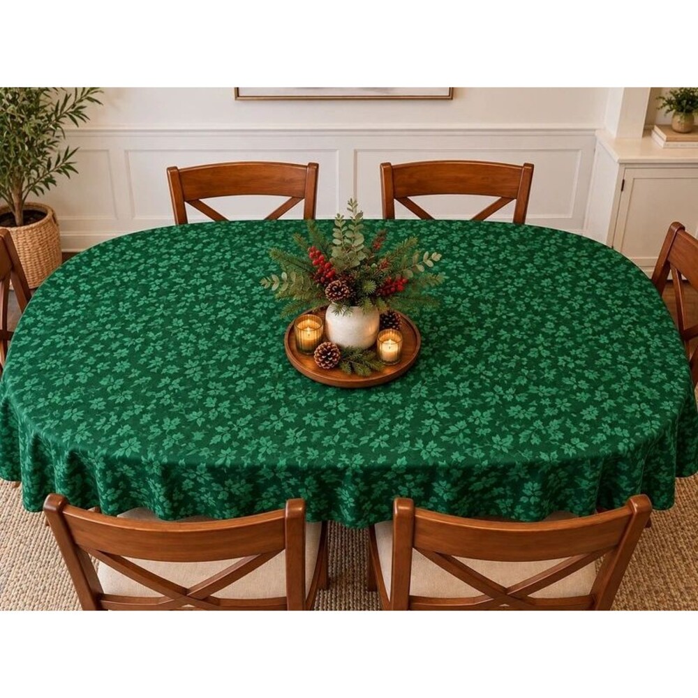 Vintage Lenox Laurel Leaf Green Damask Tablecloth 60x104 Christmas